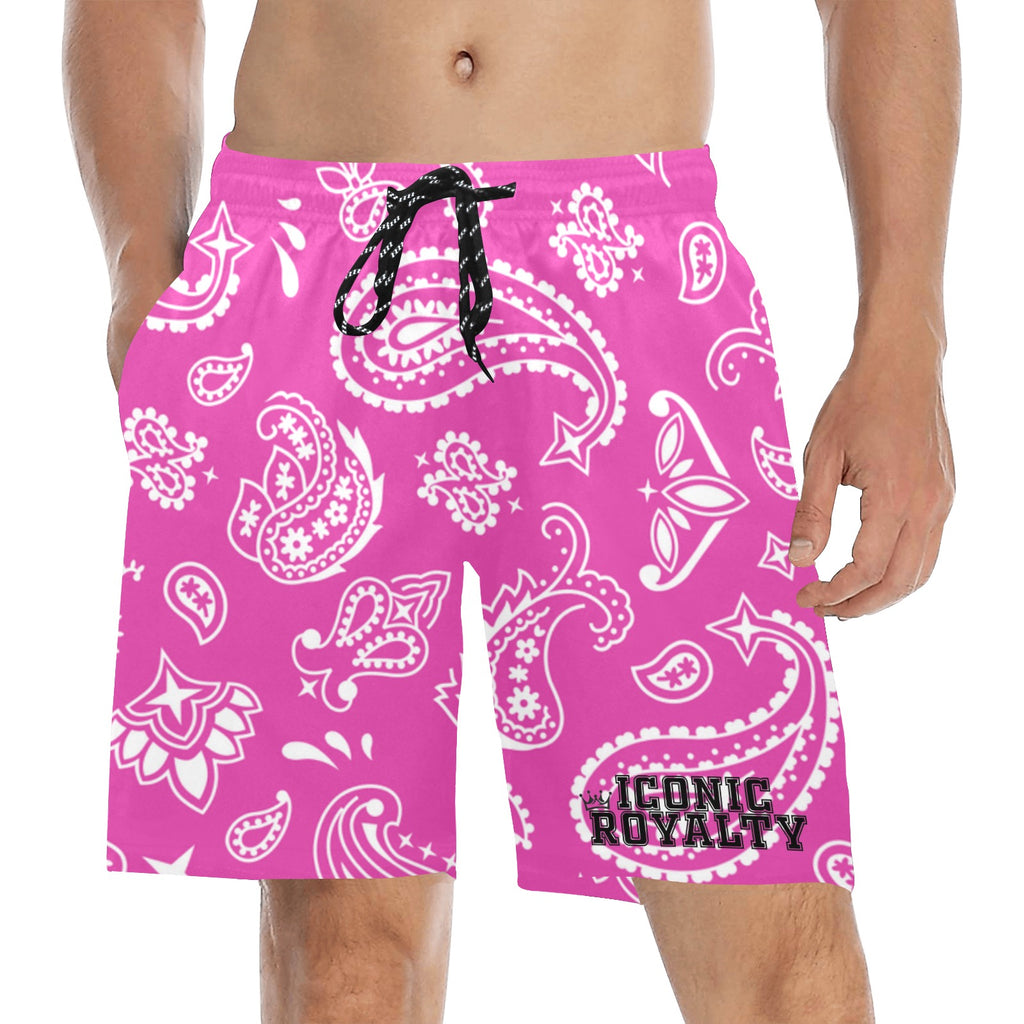 Iconic Royalty Pink  Mid-Length Bandana Beach Shorts