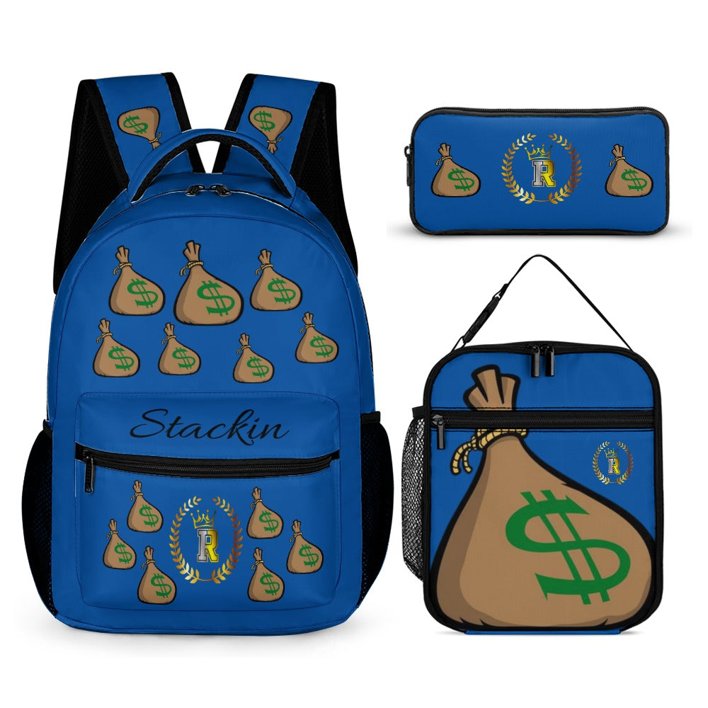 Royalty Crown IR Money Bag Stackin Three piece Backpack, Lunch Bag & Pencil Case set combination