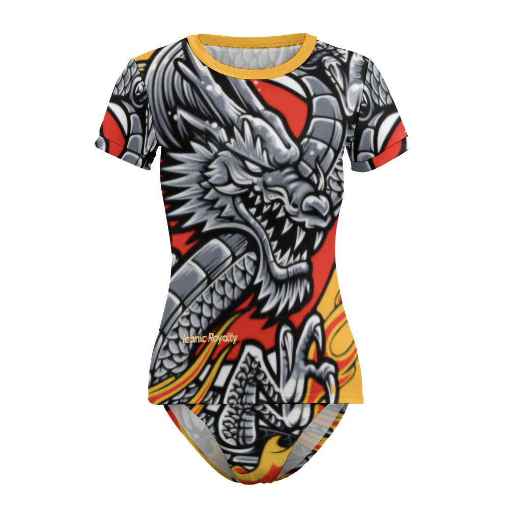 Iconic Royalty Dragon Short Sleeve Two Piece Bikini Swimsuit