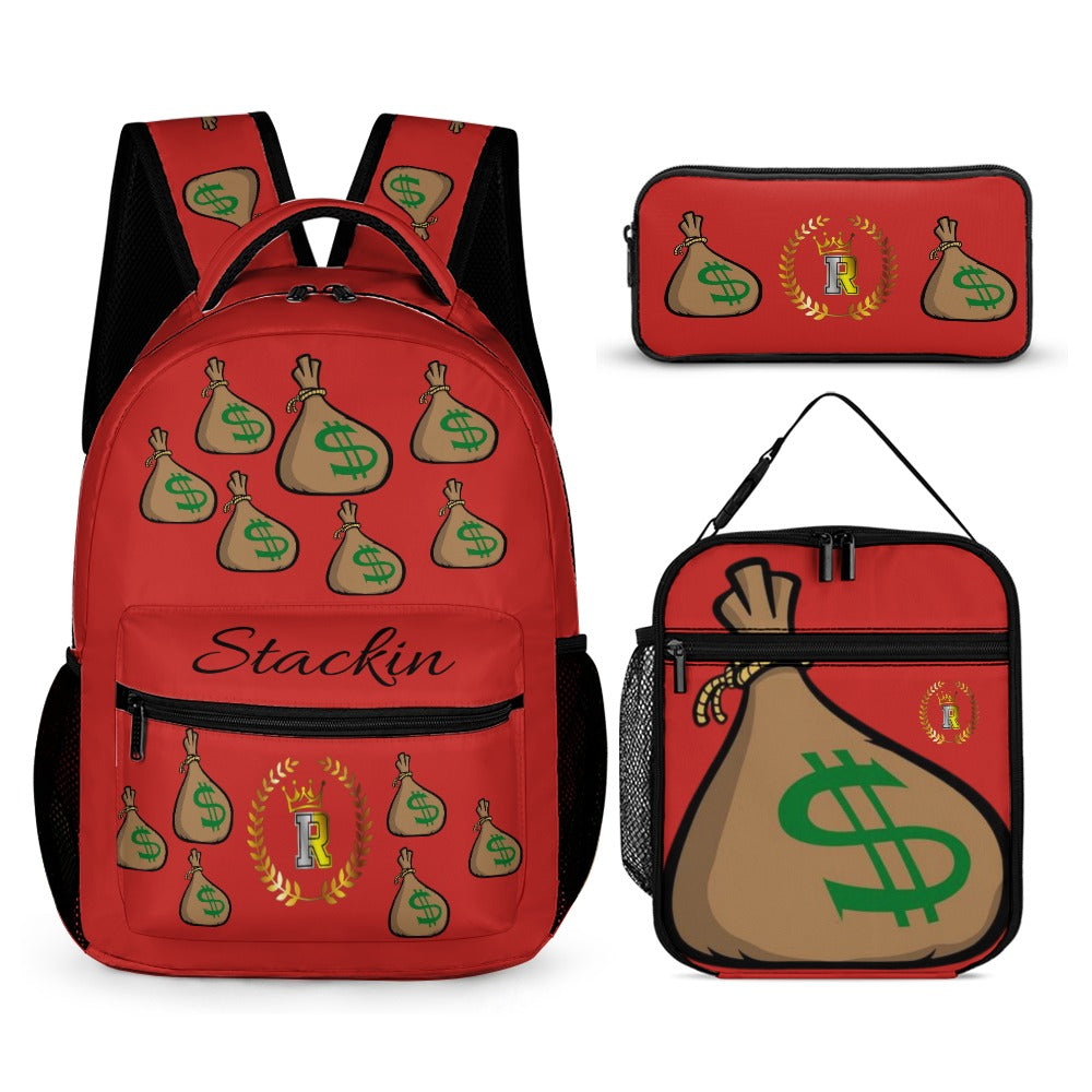 Royalty Crown IR Money Bag Stackin Three piece Backpack, Lunch Bag & Pencil Case set combination