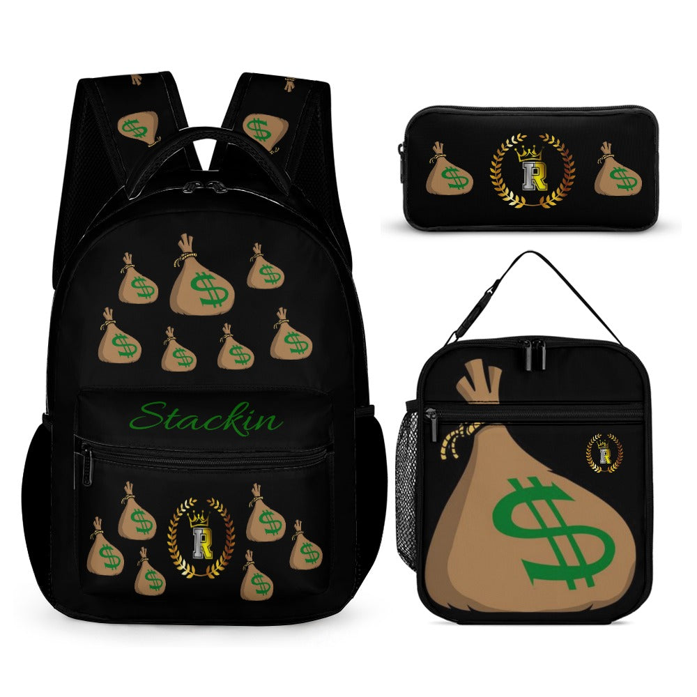 Royalty Crown IR Money Bag Stackin Three piece Backpack, Lunch Bag & Pencil Case set combination