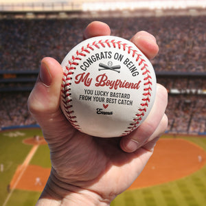 Personalized PU leather baseball gift with 'Congrats on being my Boyfriend' message, perfect for boyfriend.