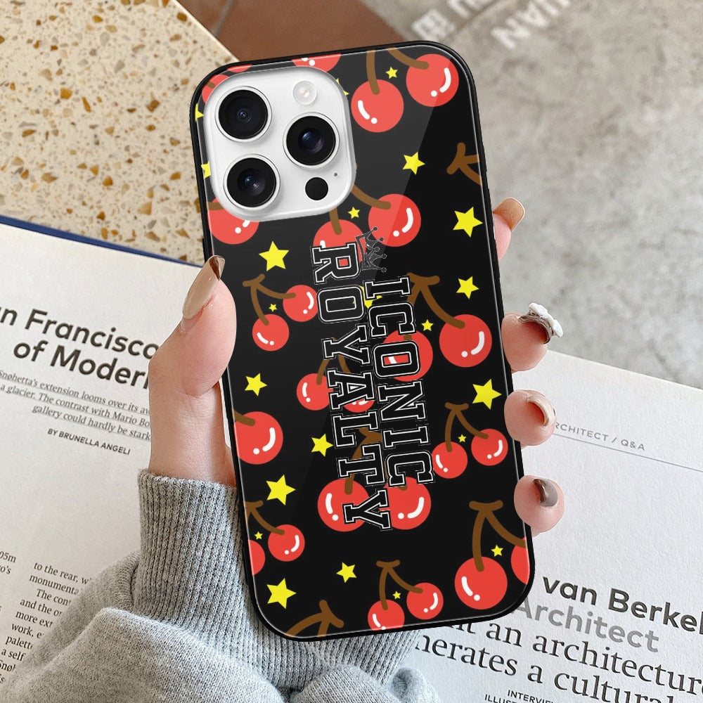Iconic Royalty Cherry Star Glass Case for iPhone 16 Series