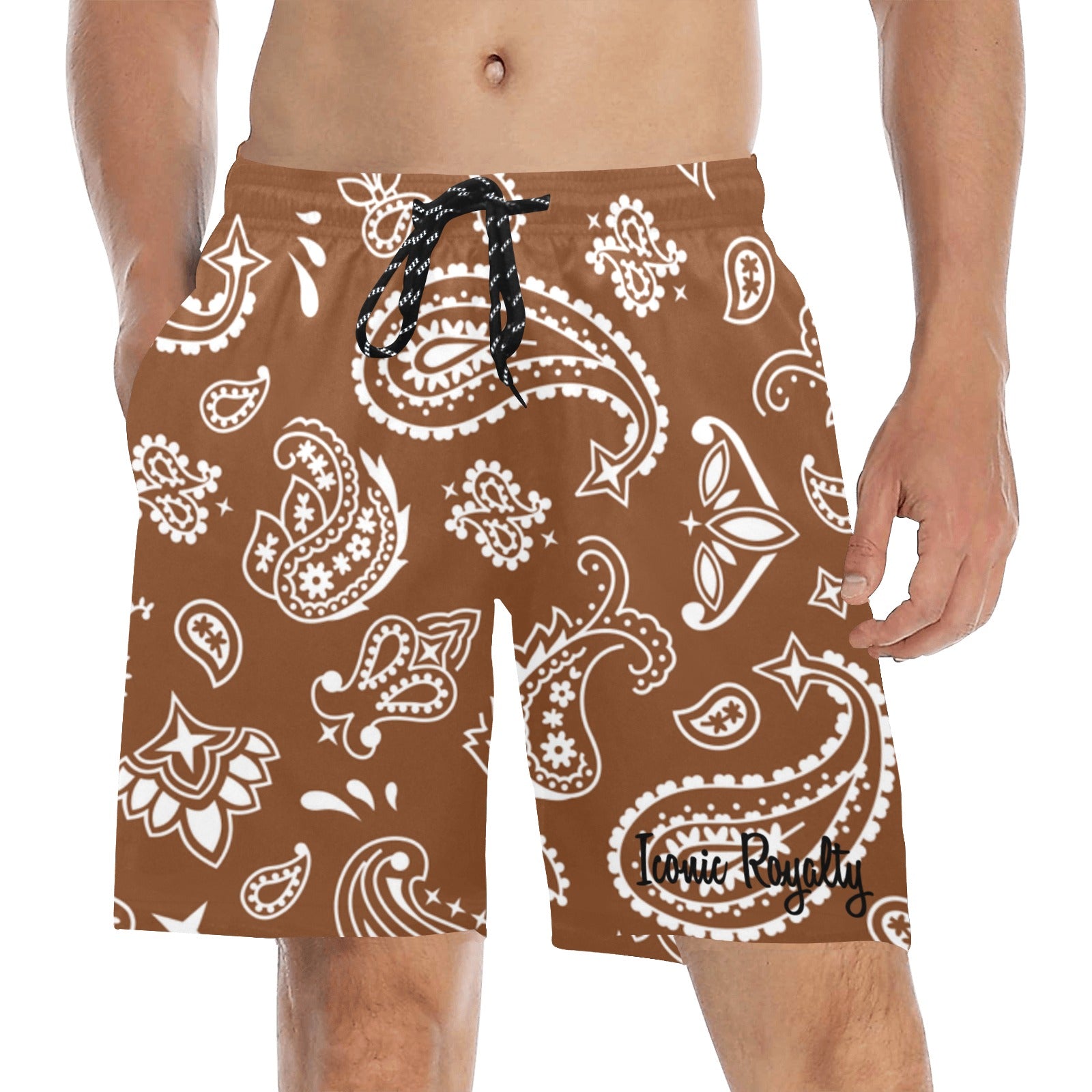 Iconic Royalty Brown Mid-Length Bandana Beach Shorts