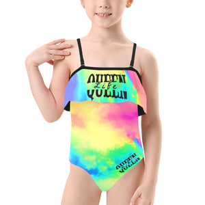 Queen Life Kids' Rainbow Splash Spaghetti Strap Ruffle Swimsuit