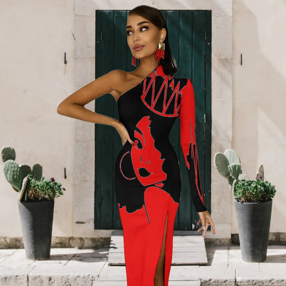 Queen Diva Red Half Sleeve Slit Dress