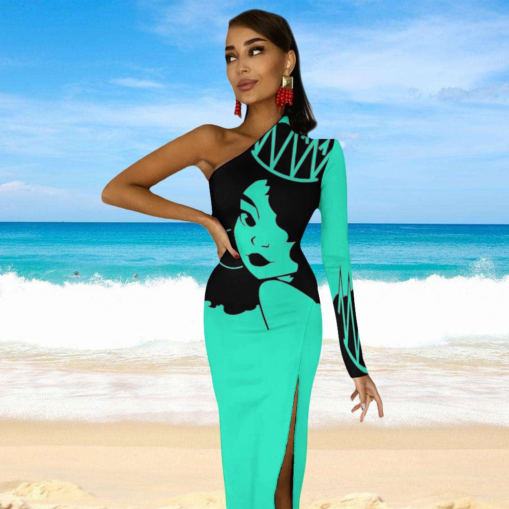 Queen Diva Aquamarine Half Sleeve Slit Dress