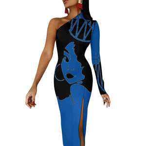 Queen Diva Blue Half Sleeve Slit Dress