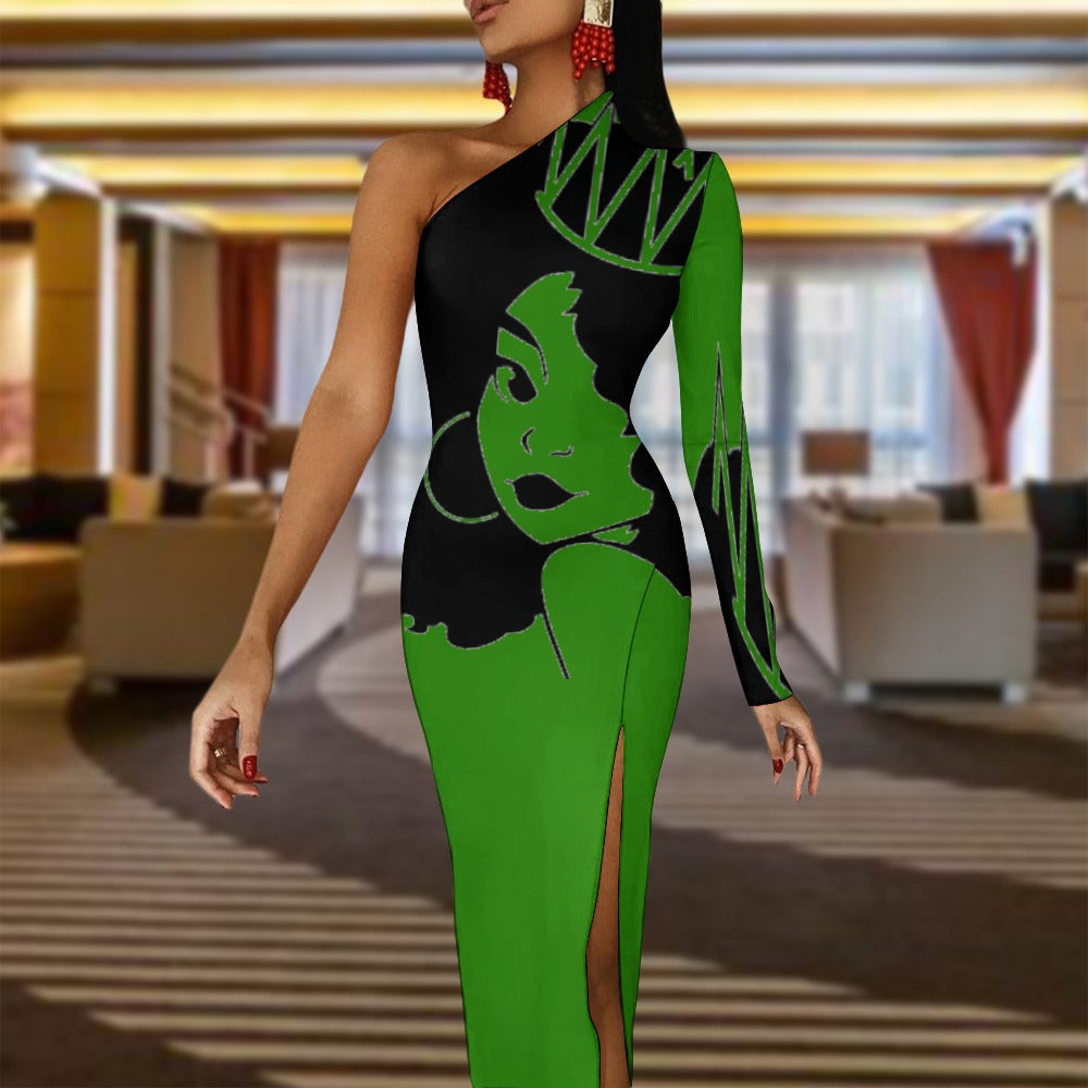 Queen Diva Green Half Sleeve Slit Dress